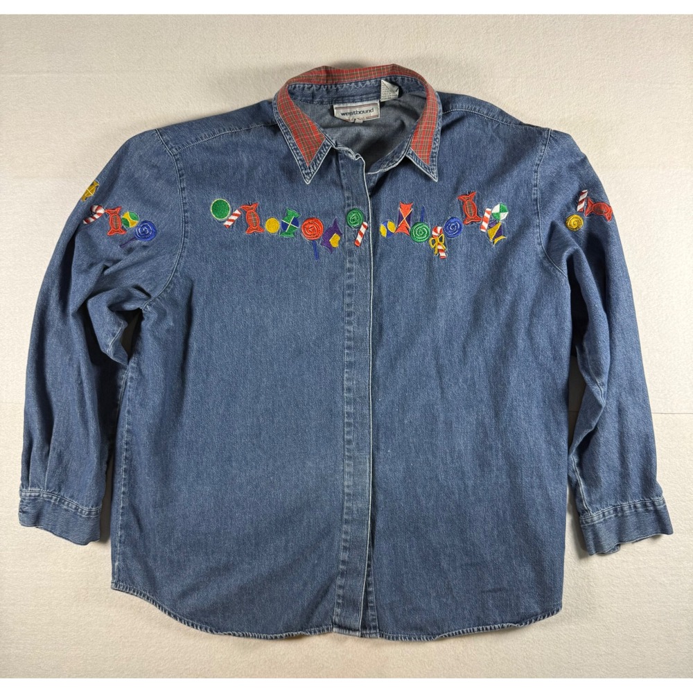 Vintage Westbound Casual XL Denim Shirt Embroidered Candy Novelty Hidden Button